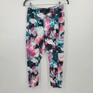 ♡ Bally Women's Floral Leggings Size Medium Black Pink Blue